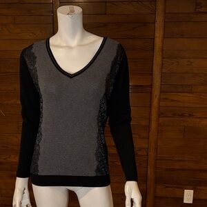 Women's V-Neck Lace-Panel Sweater - Black and Gray